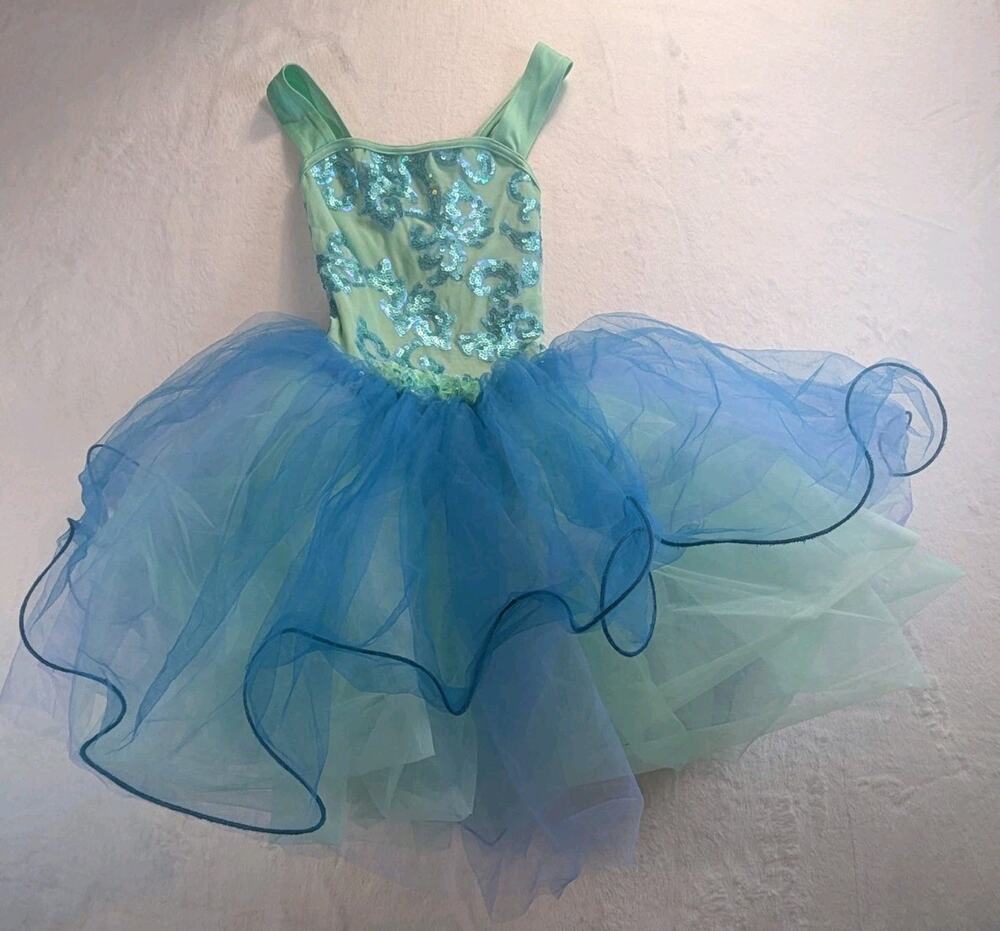 Weissman Dance Costume Size MC Green Sequined Blue Tutu Lace Ballet 64830